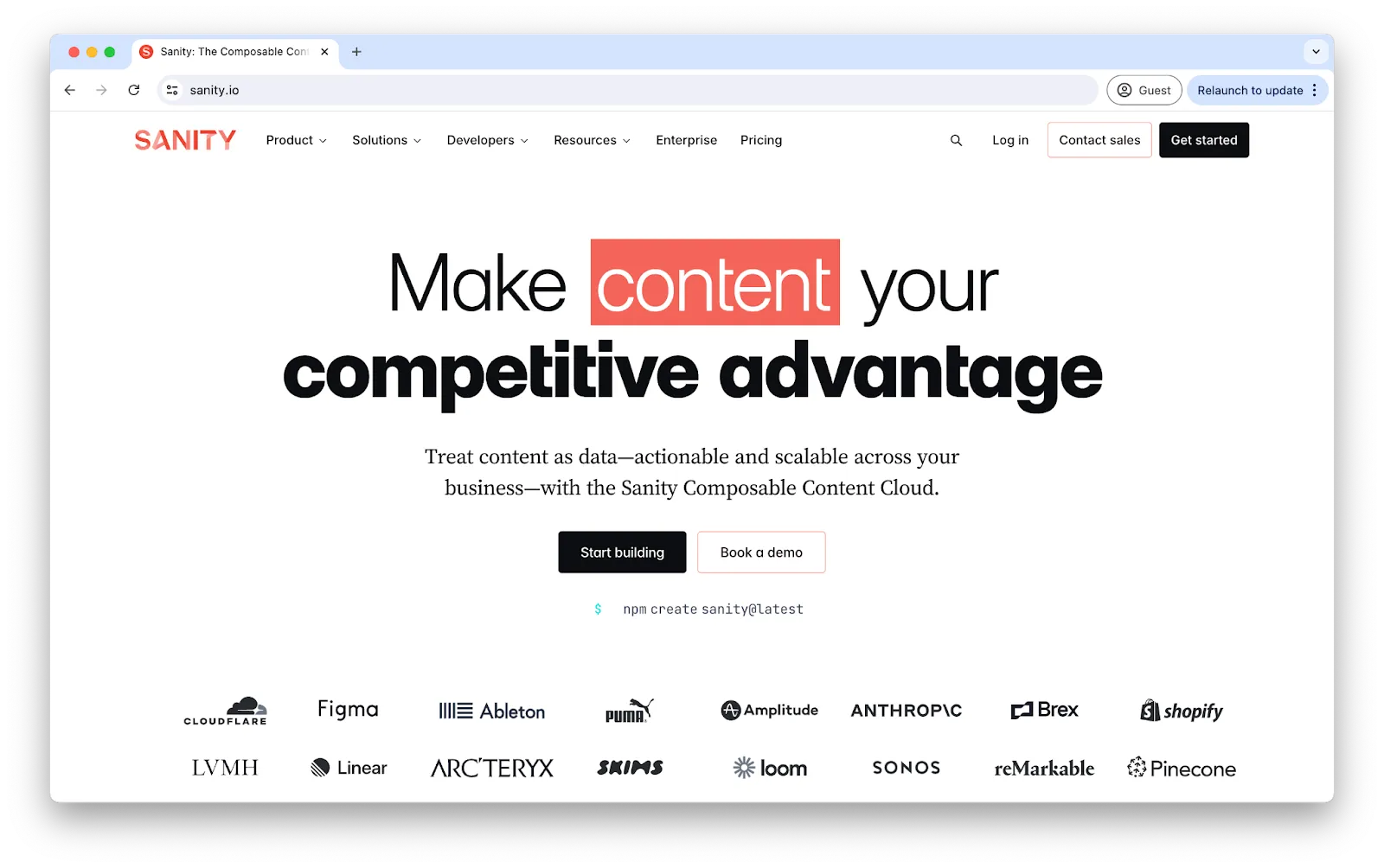 Homepage de Sanity, CMS headless