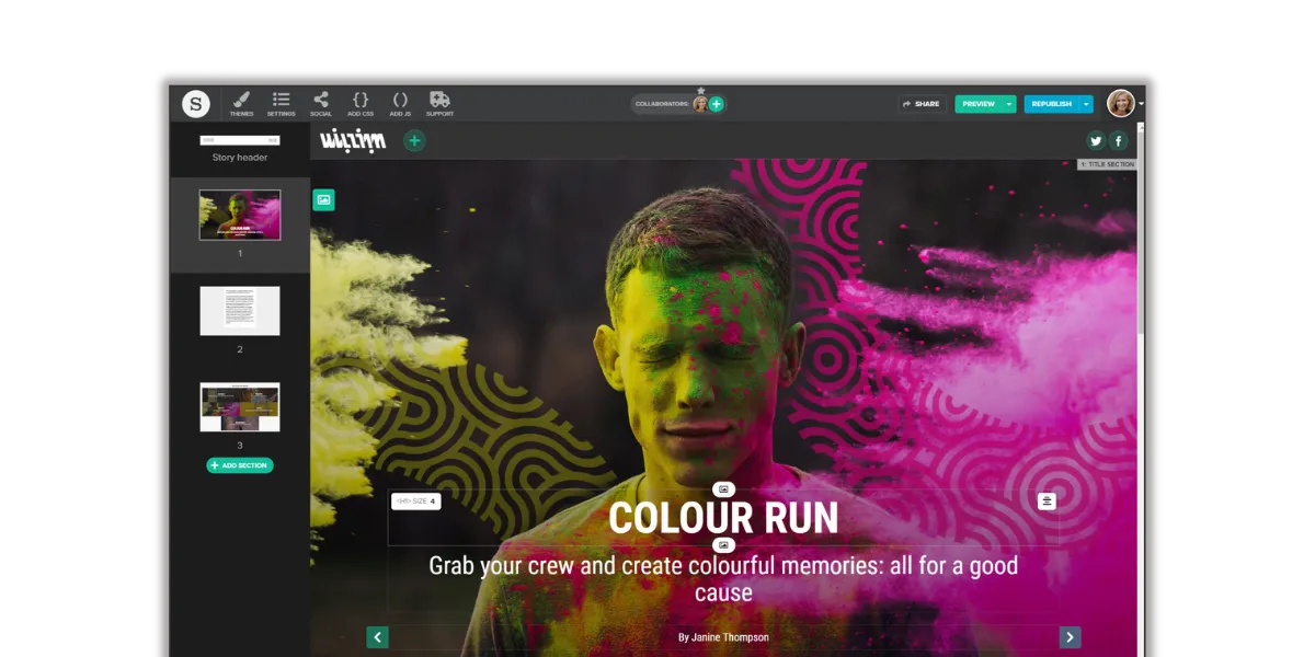 L'interface de l'outil Shorthand qui présente le projet Colour run