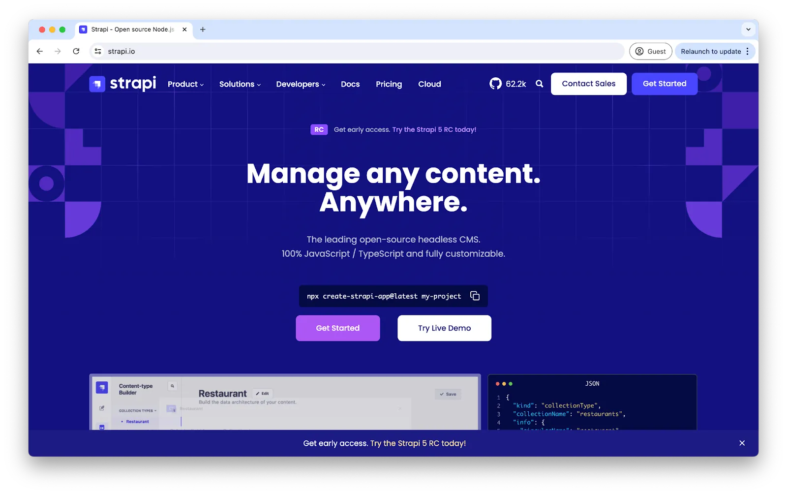 Homepage de Strapi, CMS headless