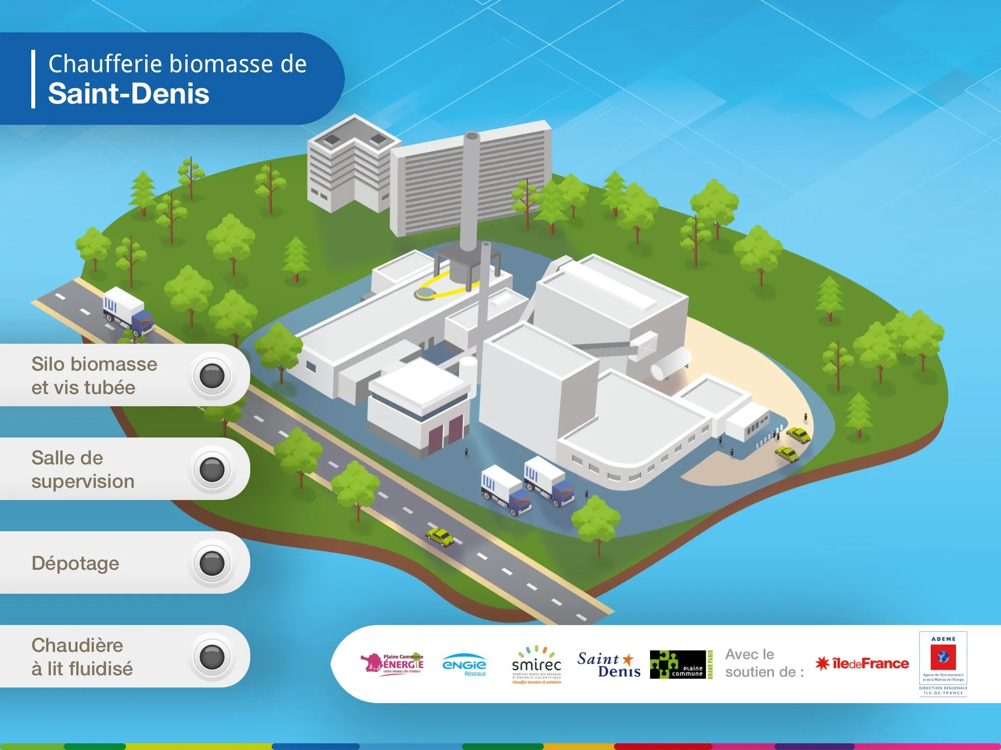Application tactile interactive ENGIE présentant la chaufferie biomasse de Saint-Denis avec une vue 3D isométrique du site et des boutons de navigation pour explorer les différentes zones