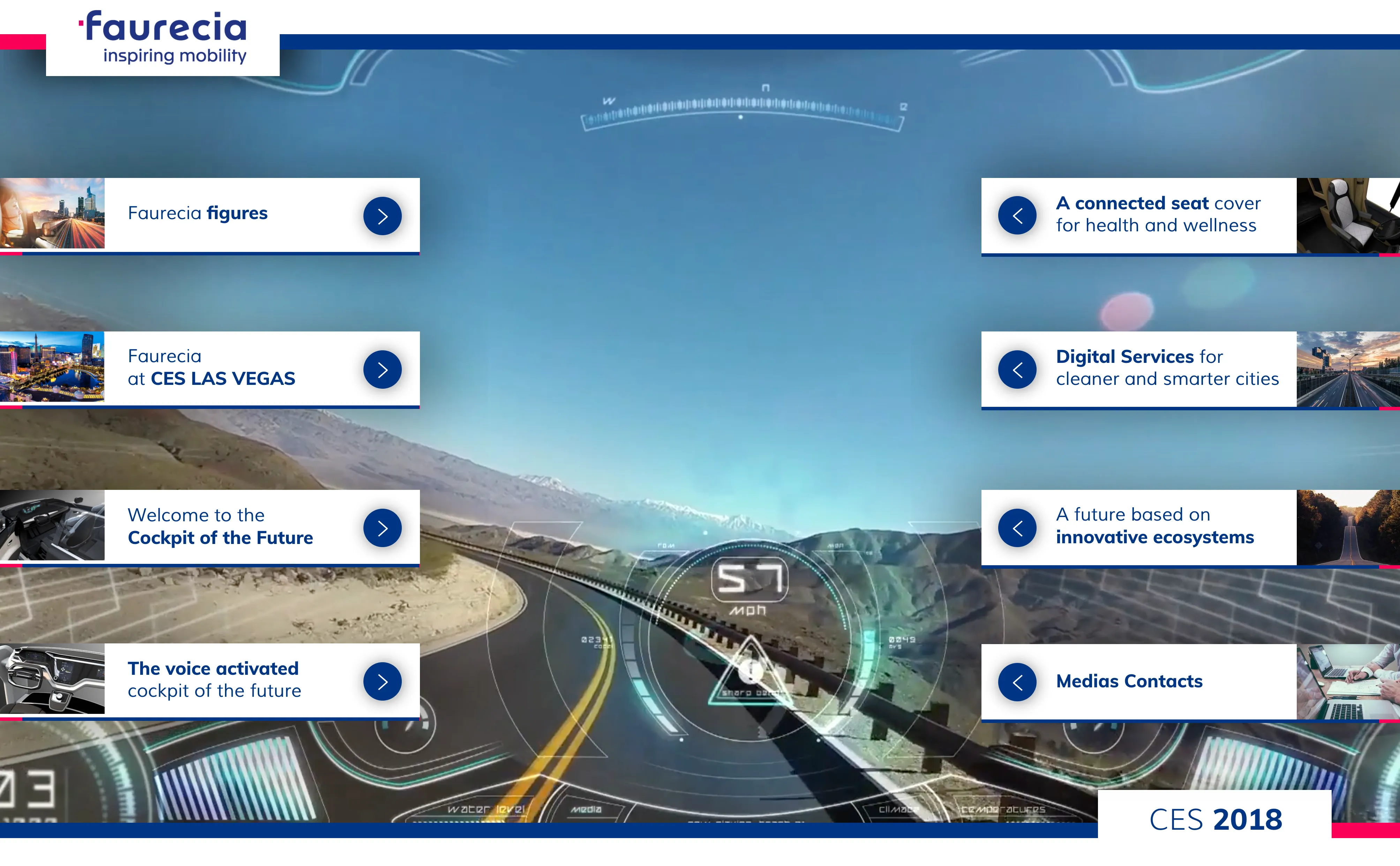 Interface tactile Faurecia pour le CES 2018 avec un menu de navigation immersif présentant les innovations mobilité sur un fond futuriste