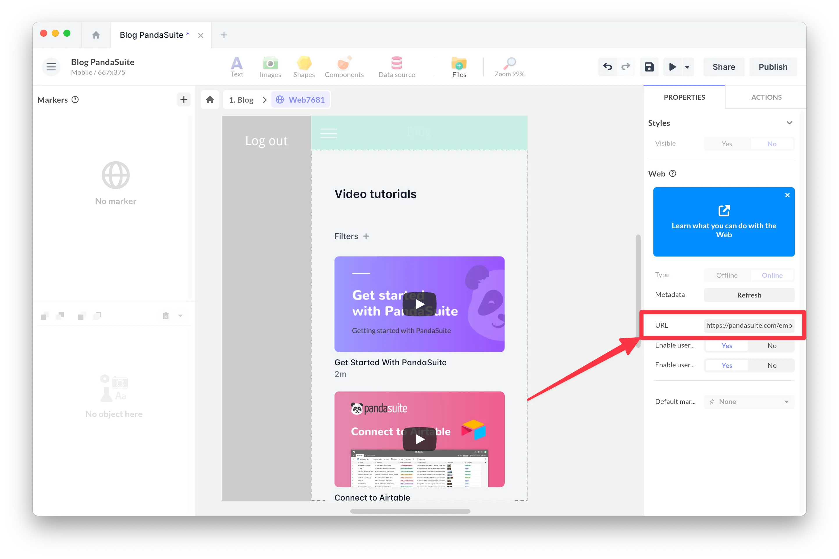 Insert the URL in the Web component