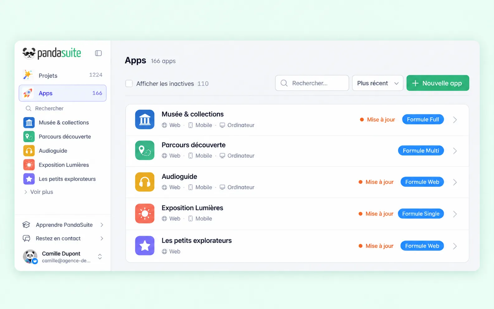 La page Apps : chaque app avec ses plateformes et sa formule