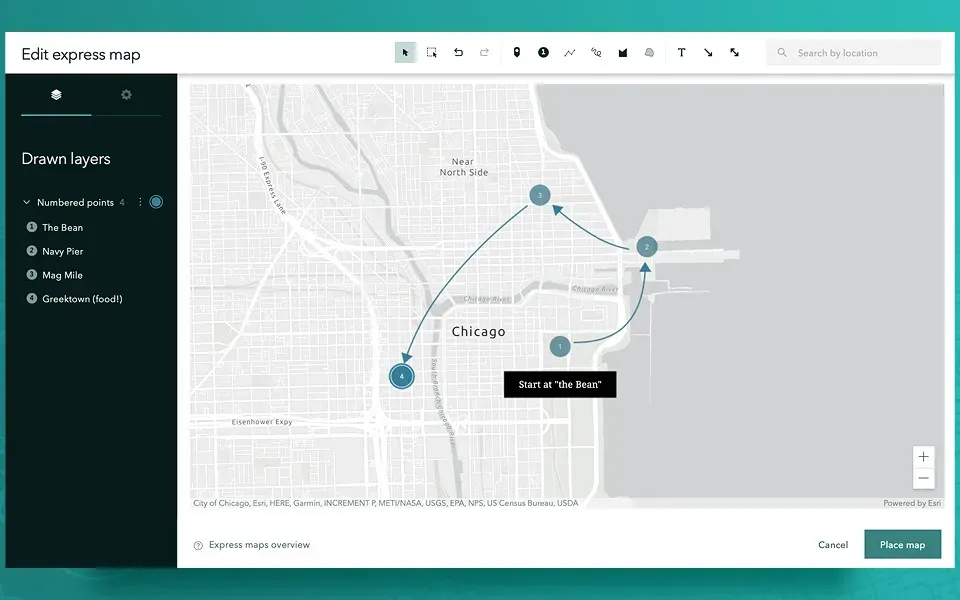 Éditeur d'express map ArcGIS StoryMaps avec des points numérotés sur une carte de Chicago