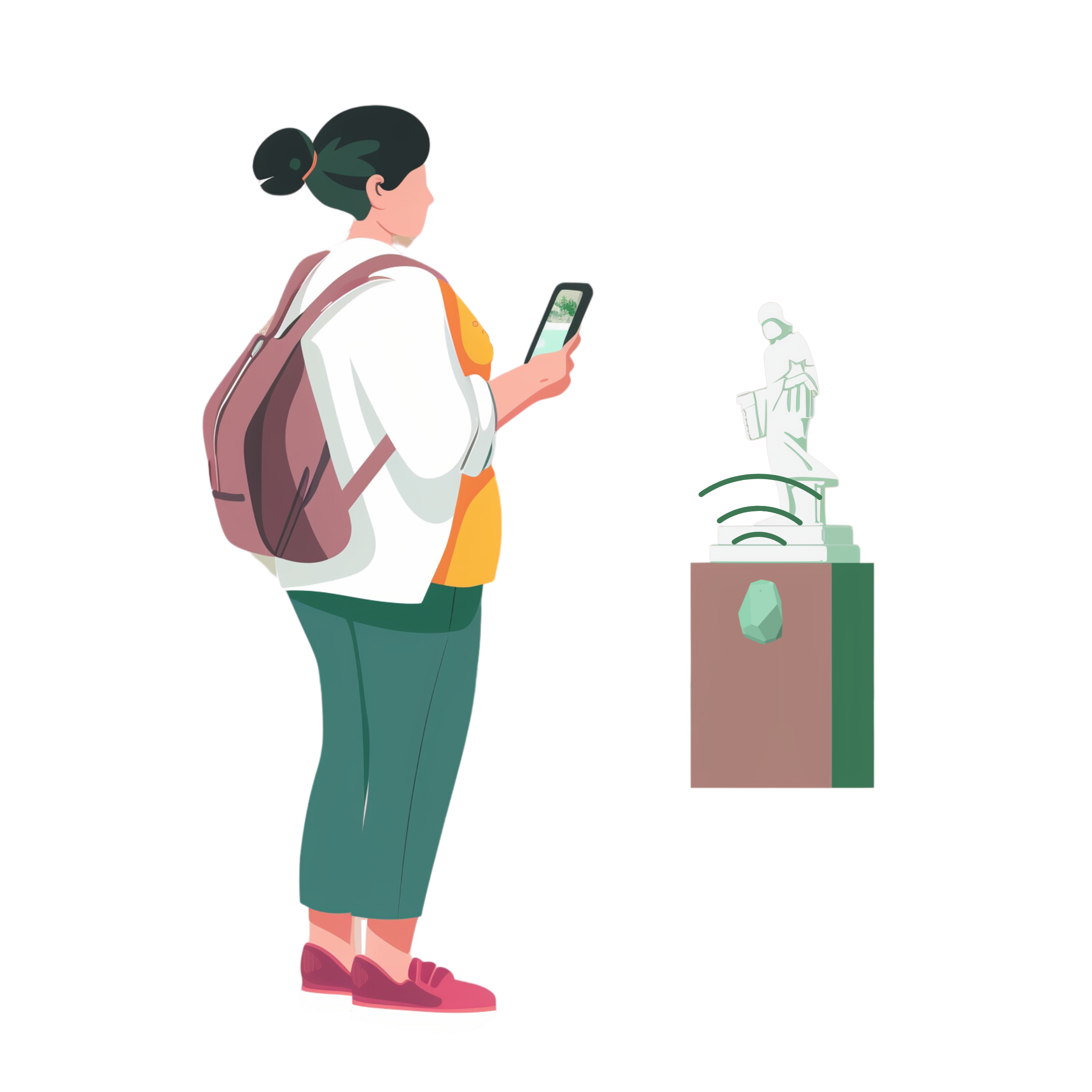 A visitor receives a notification from a beacon sensor in front of a statue