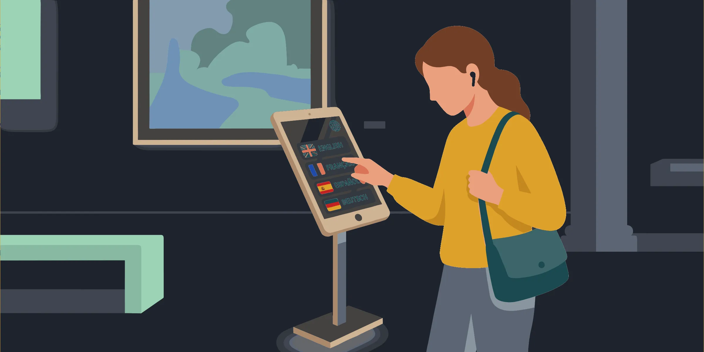 Une visiteuse dans un musée interagissant avec une borne interactive multilingue en mode kiosque