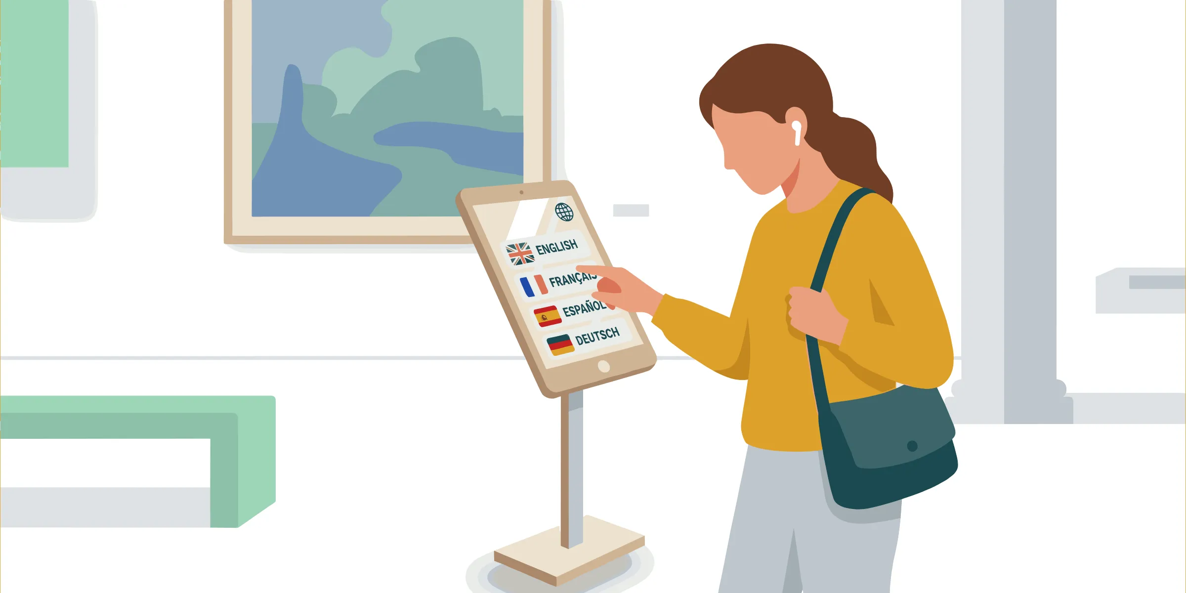 Une visiteuse dans un musée interagissant avec une borne interactive multilingue en mode kiosque