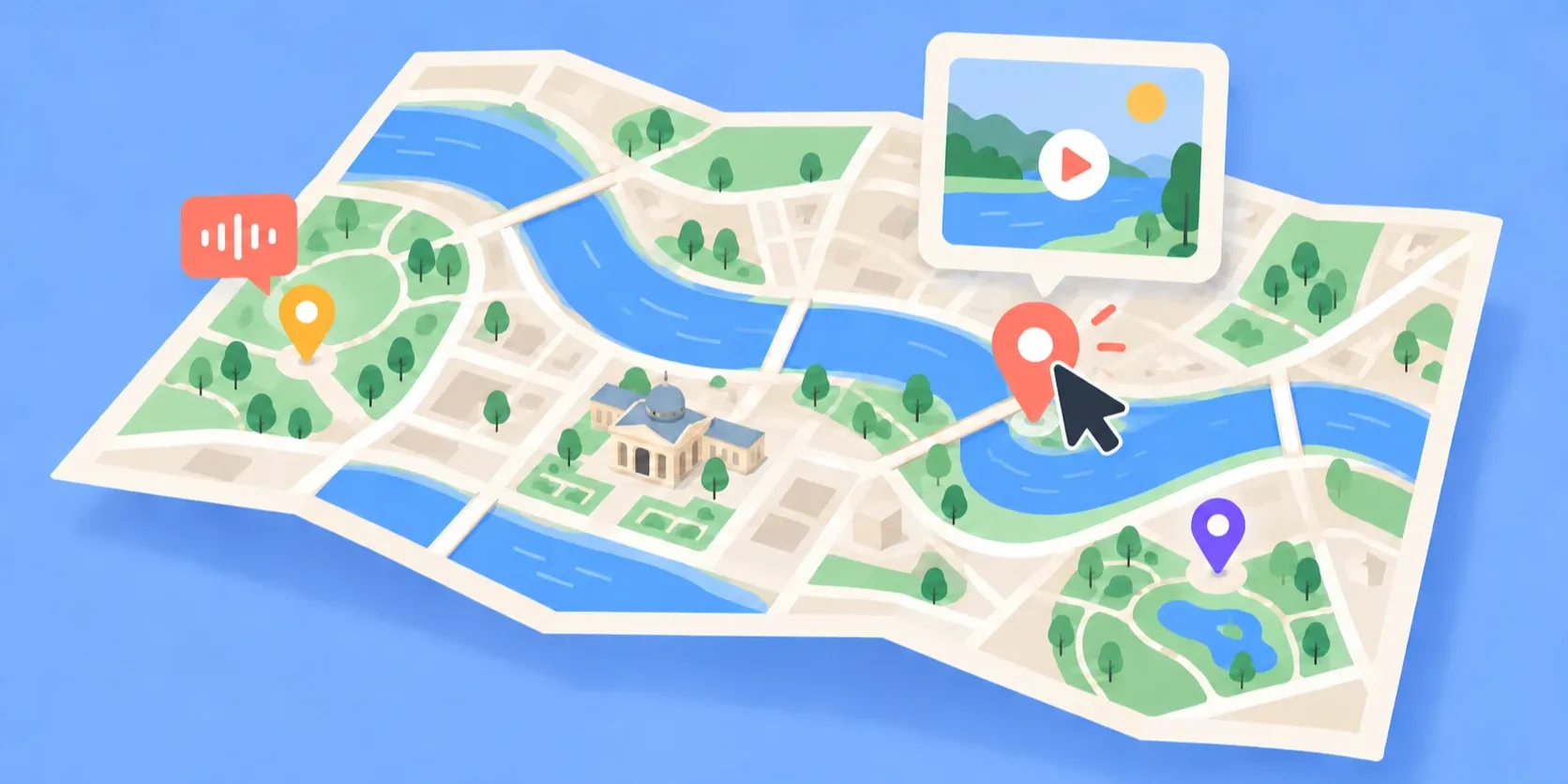 Illustration of an interactive map: tapping one point opens a video, another opens an audio clip.