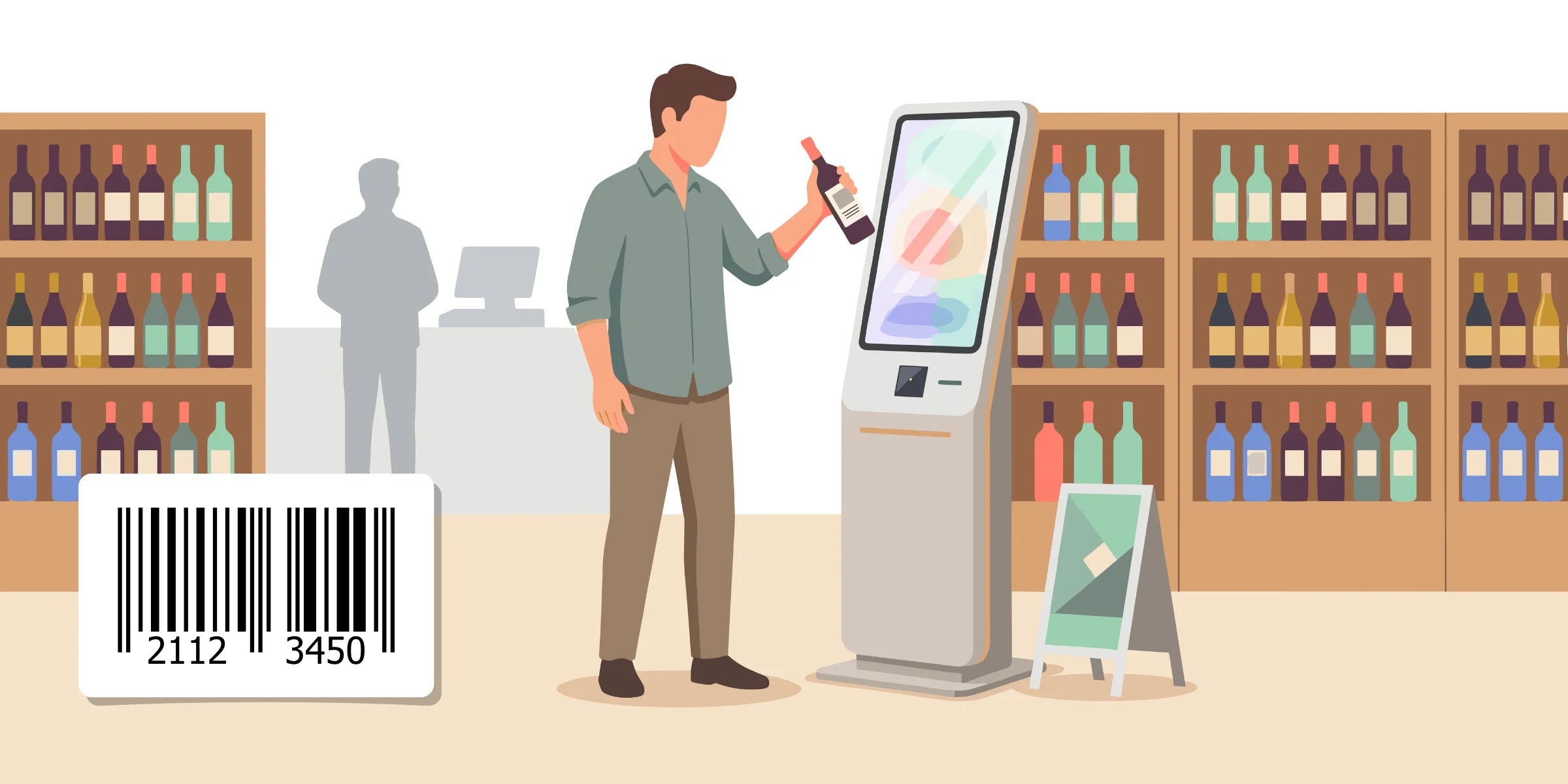 Illustration d'un scan code-barre via la caméra d'un smartphone affichant la fiche produit dans une application catalogue