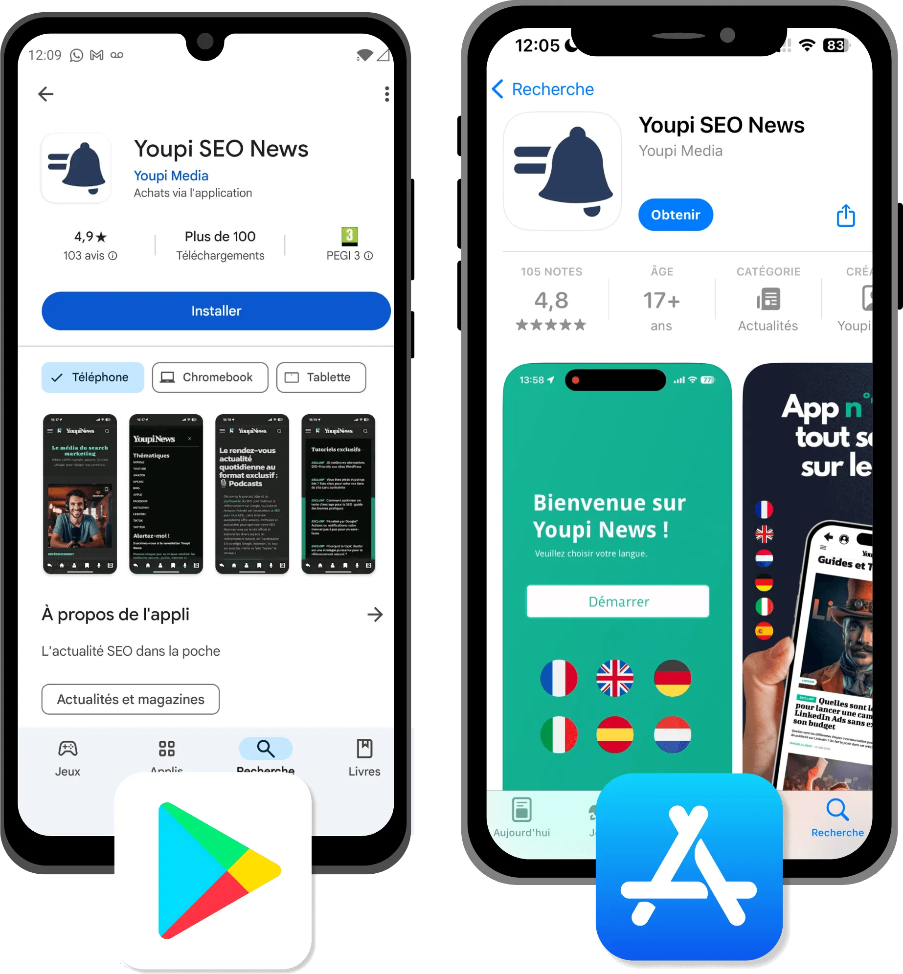 Imagen de la aplicación en la App Store de iOS y en Google Play