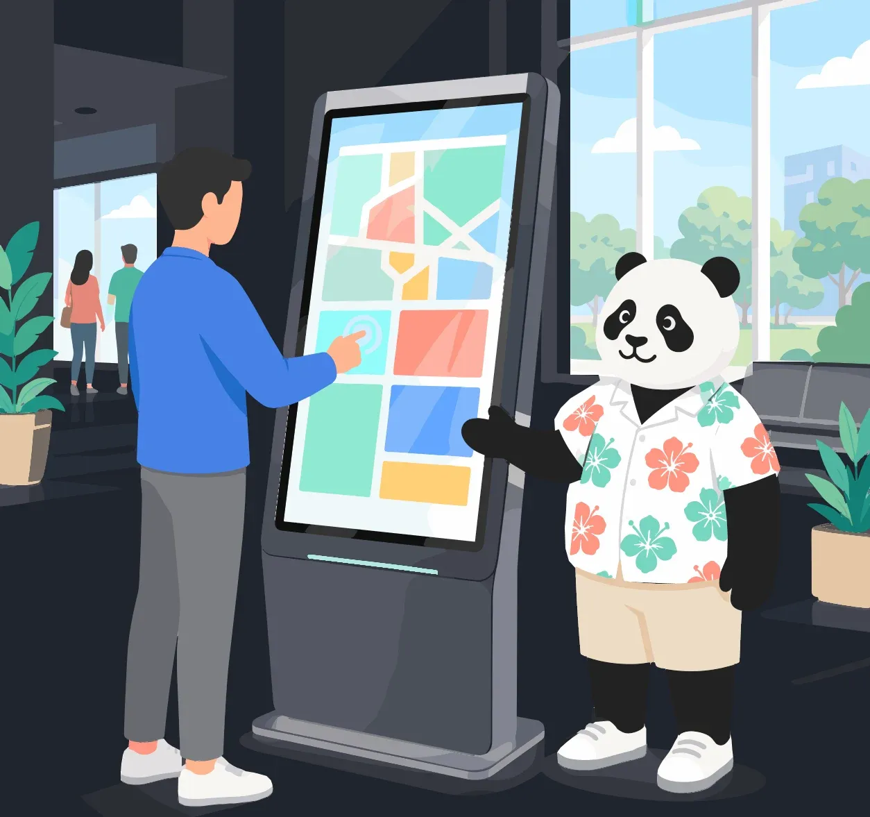Interface de borne interactive avec un utilisateur naviguant dans les produits