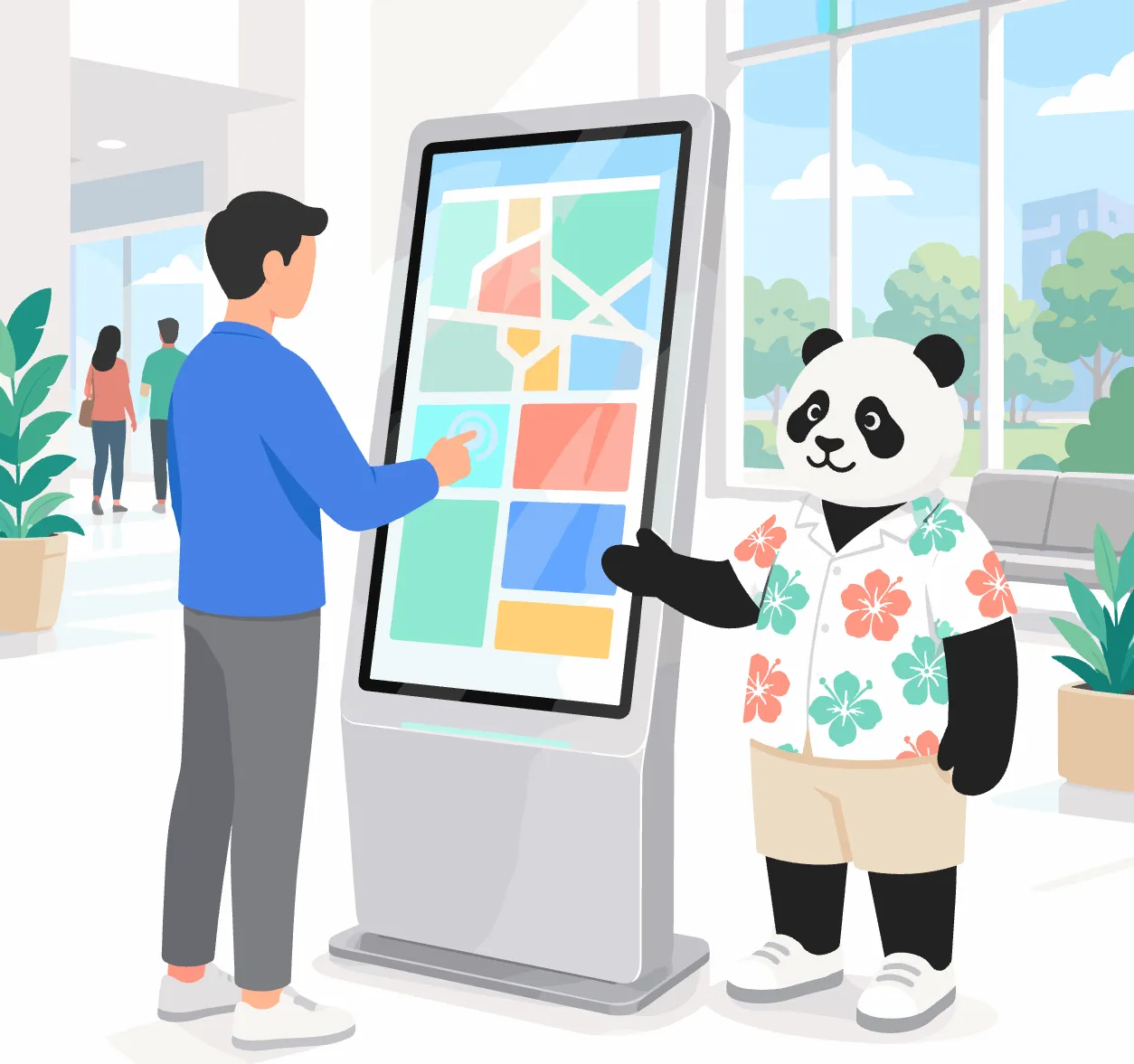 Interface de borne interactive avec un utilisateur naviguant dans les produits