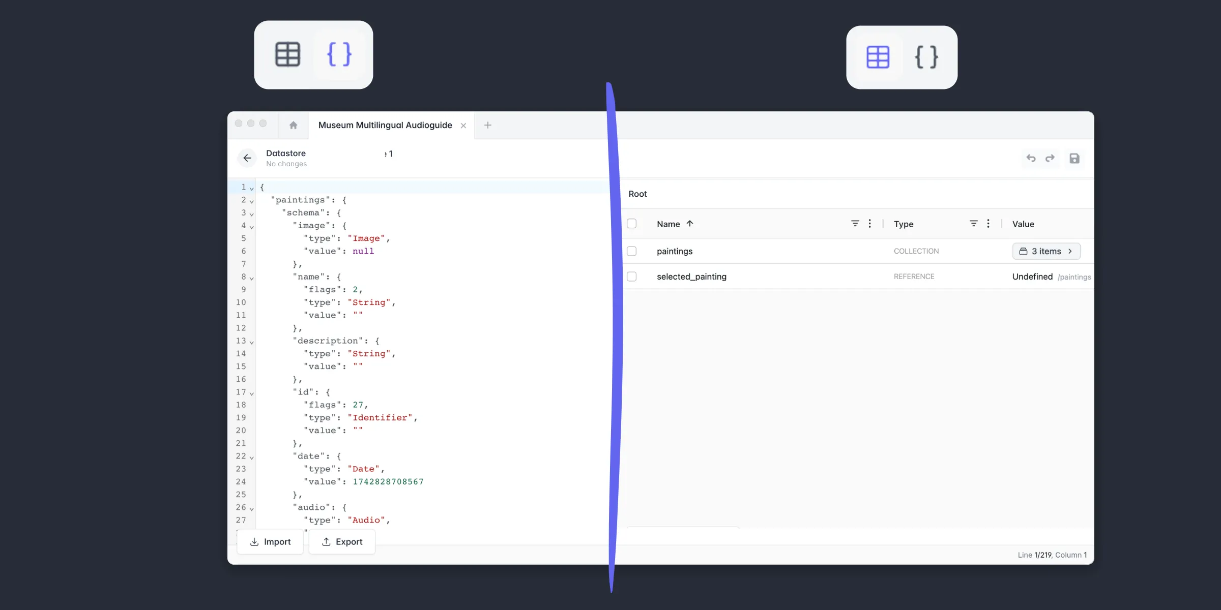 Vue tableur et vue JSON