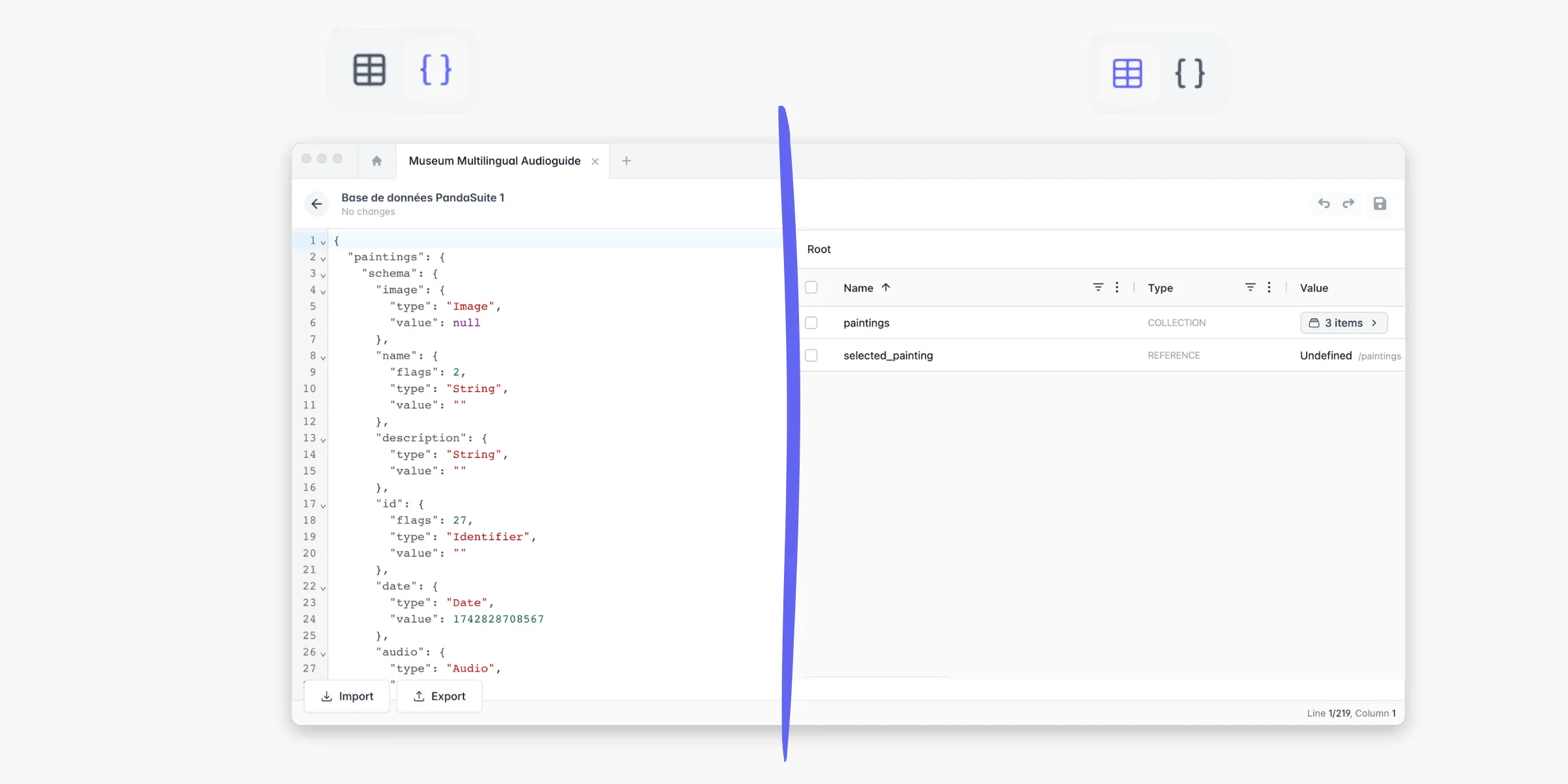 Spreadsheet view and JSON view