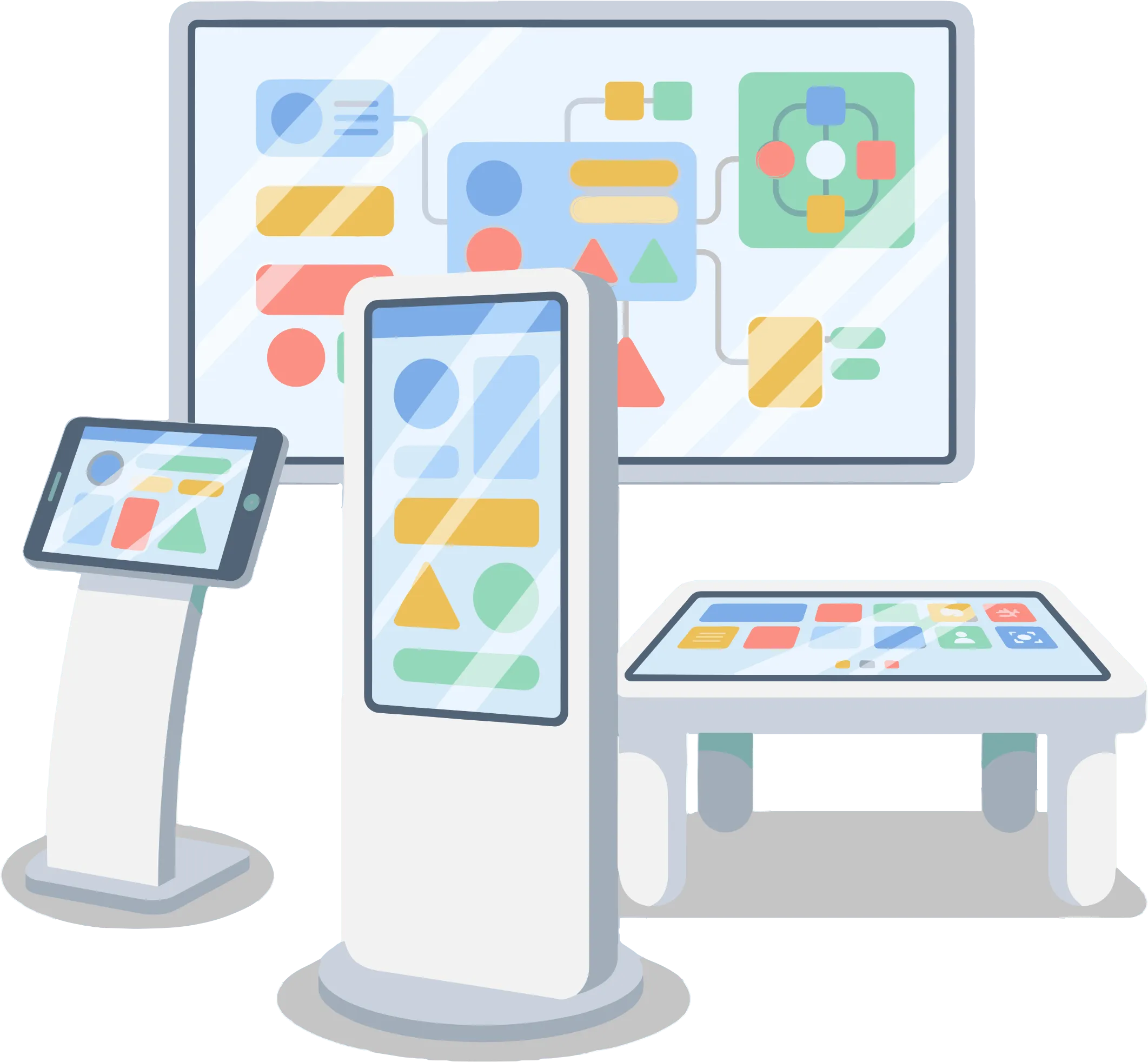 Différents matériels de bornes : tablette sur pied, totem, table multitouch, écran géant