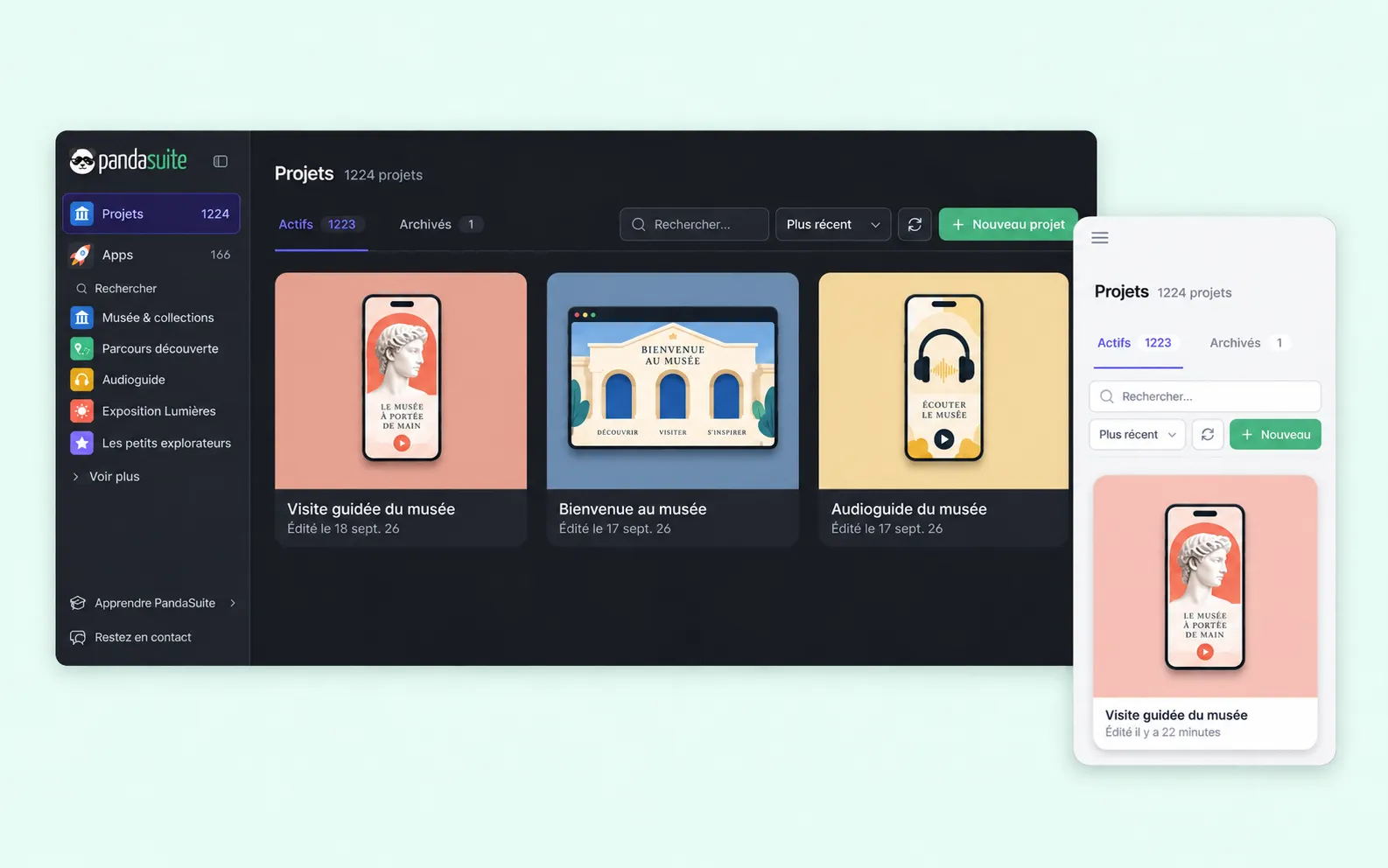 Le dashboard en mode sombre sur ordinateur et en mode clair sur téléphone