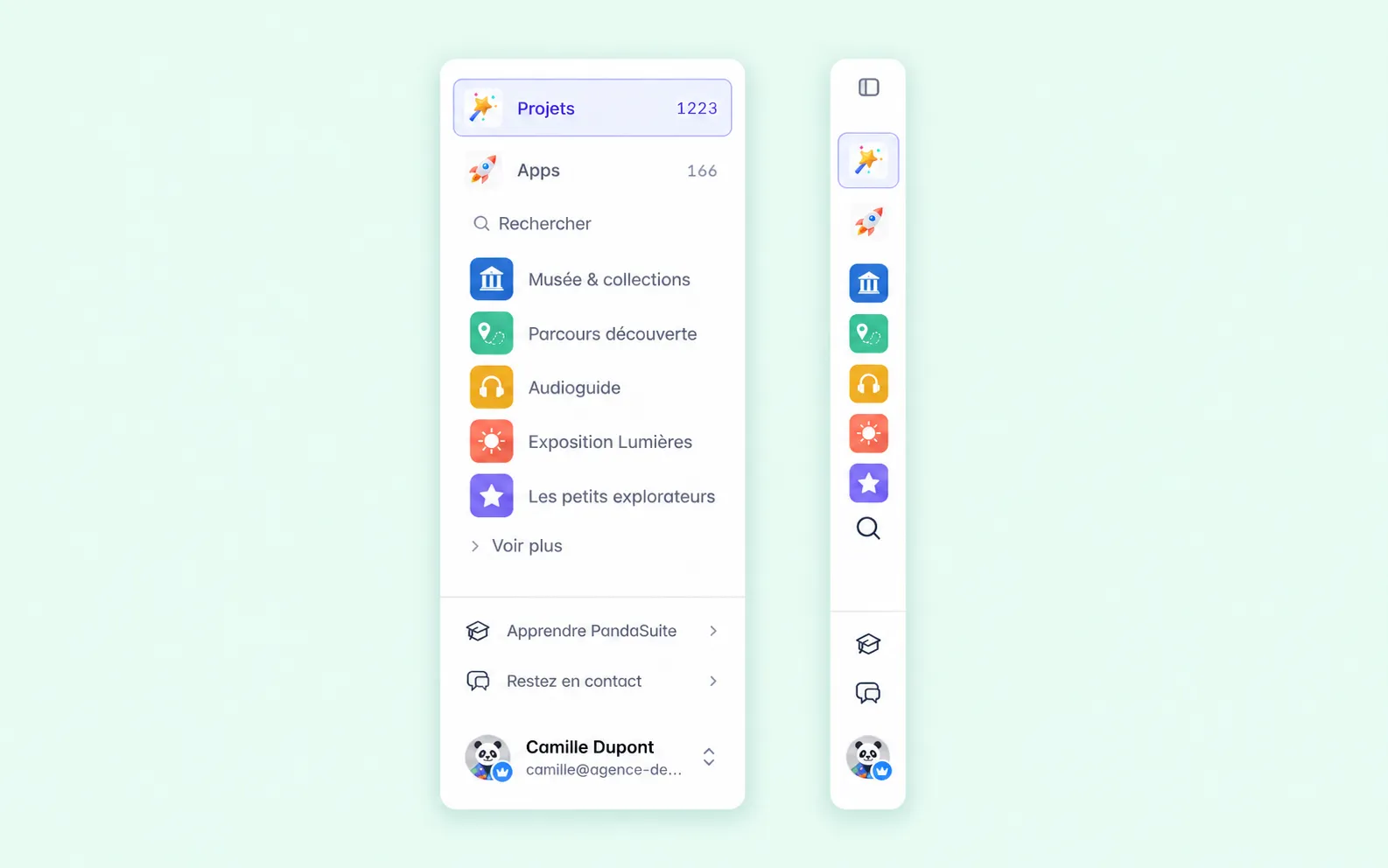 La colonne de navigation, dépliée avec vos apps et repliée en icônes