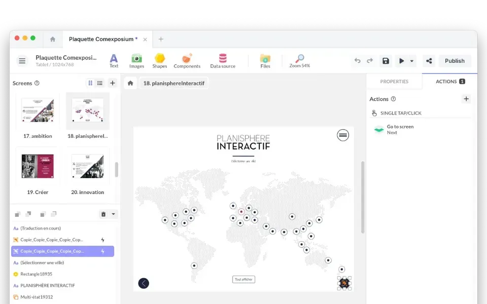 PandaSuite Studio avec la liste des écrans, un planisphère interactif sur le canvas et le panneau Actions